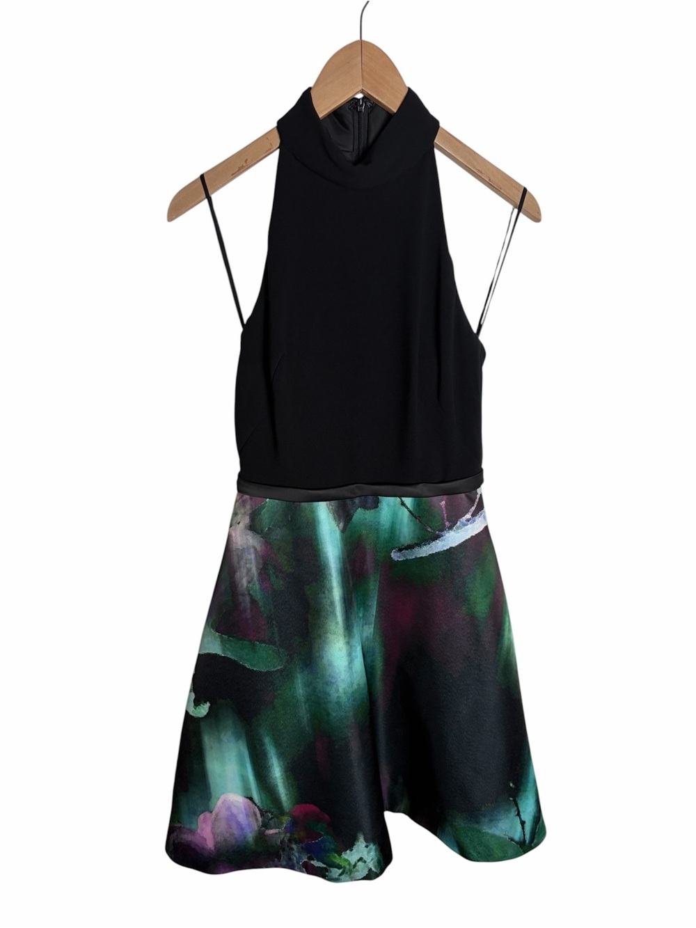 THEIA racer back cutout abstract floral cocktail dress